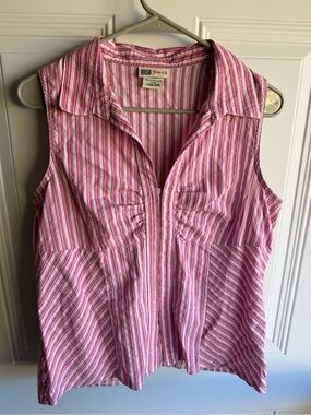 Faded Glory Pink & White Striped Collared Sleeveless Tank